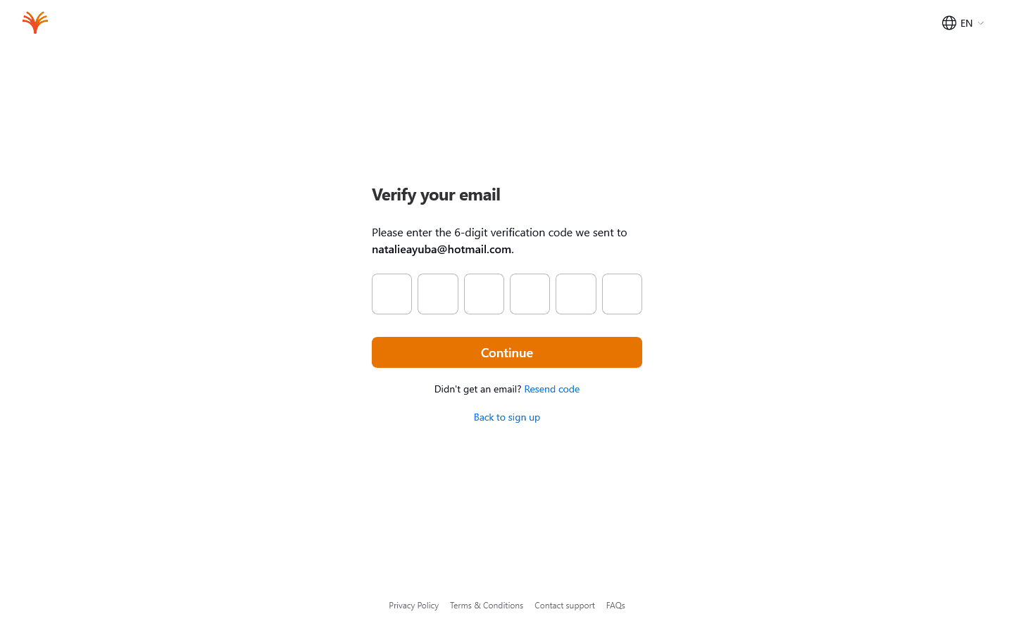 Email verification page